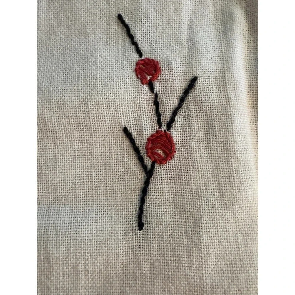 Vintage Hand Embroidered Tea Towel Table Runner Mom & Baby Deer White Red Green